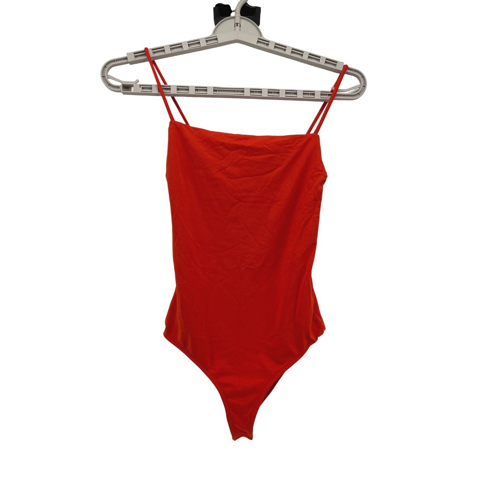 Zara Bodysuit Womens M Red Orange Square Neck‎ Spaghetti Strap Stretch Snap